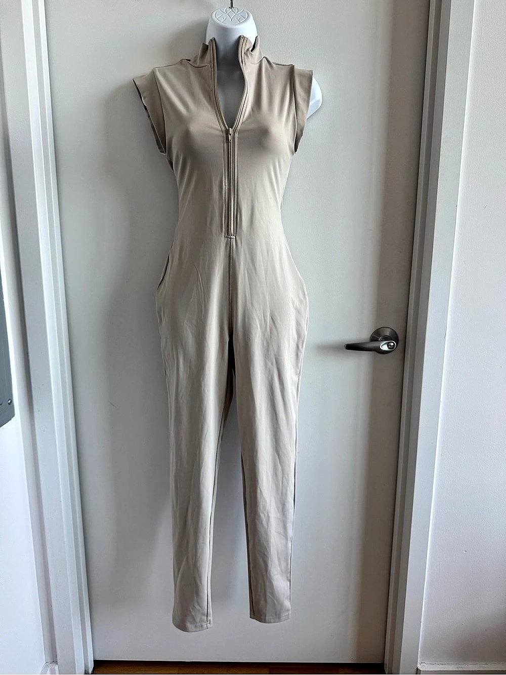 Fashion Nova Beige Zip Front Jumpsuit Size Small Like New